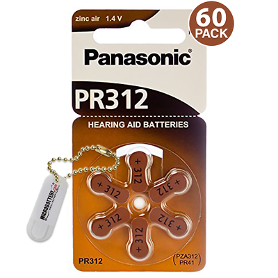 60 Panasonic Hearing Aid Batteries Size 312 + Free Keychain/2 Extra Batteries