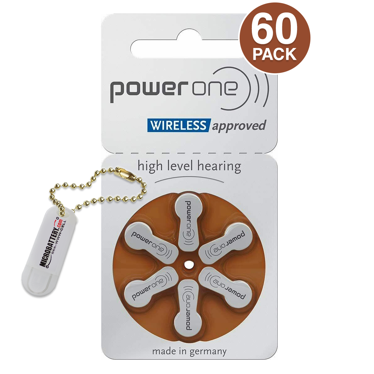 60 Power One Size 312 Hearing Aid Batteries + Free Keychain/2 Extra Batteries