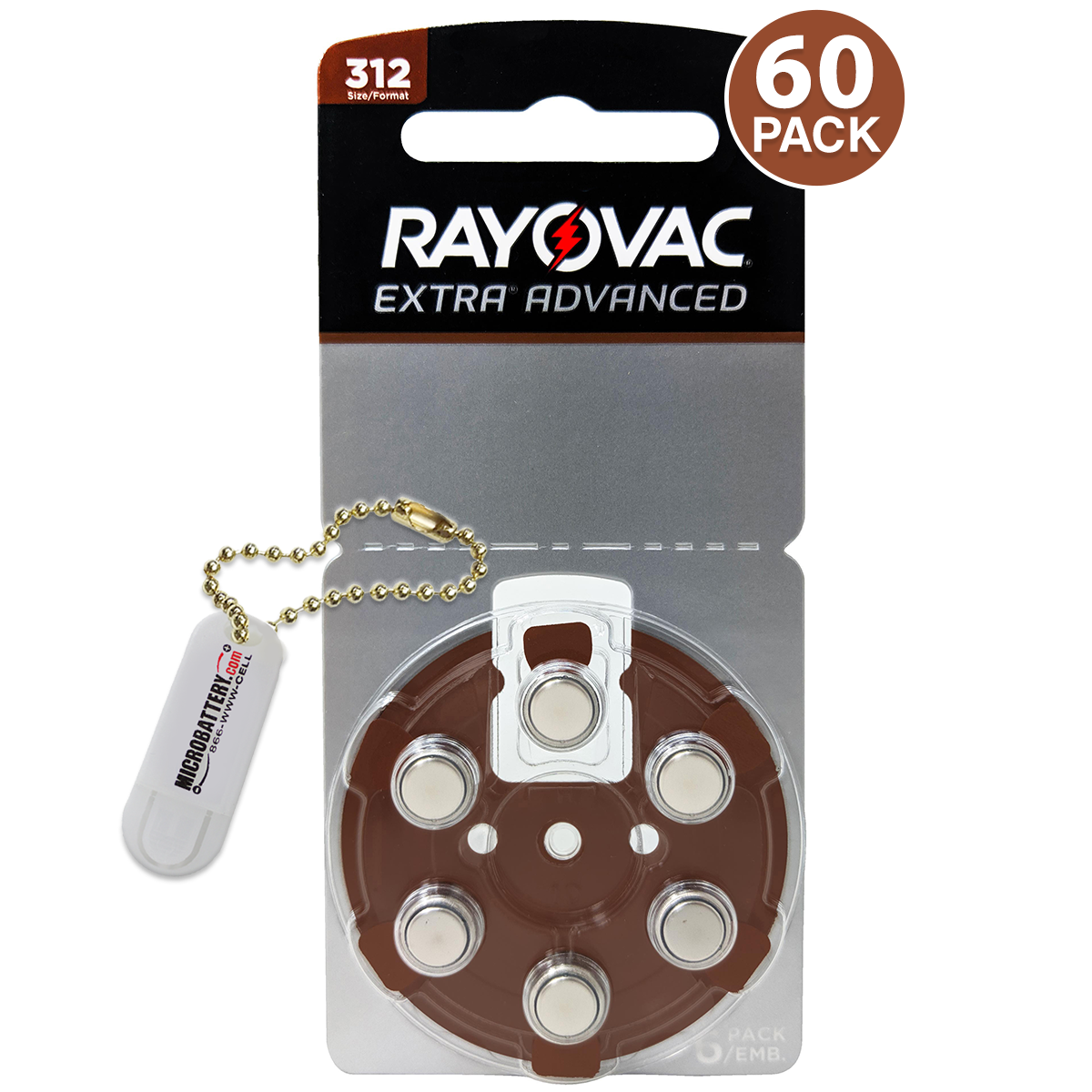 Rayovac Size 312 1.45v Hearing Aid Batteries + Hab Holder Keychain (60 Count)