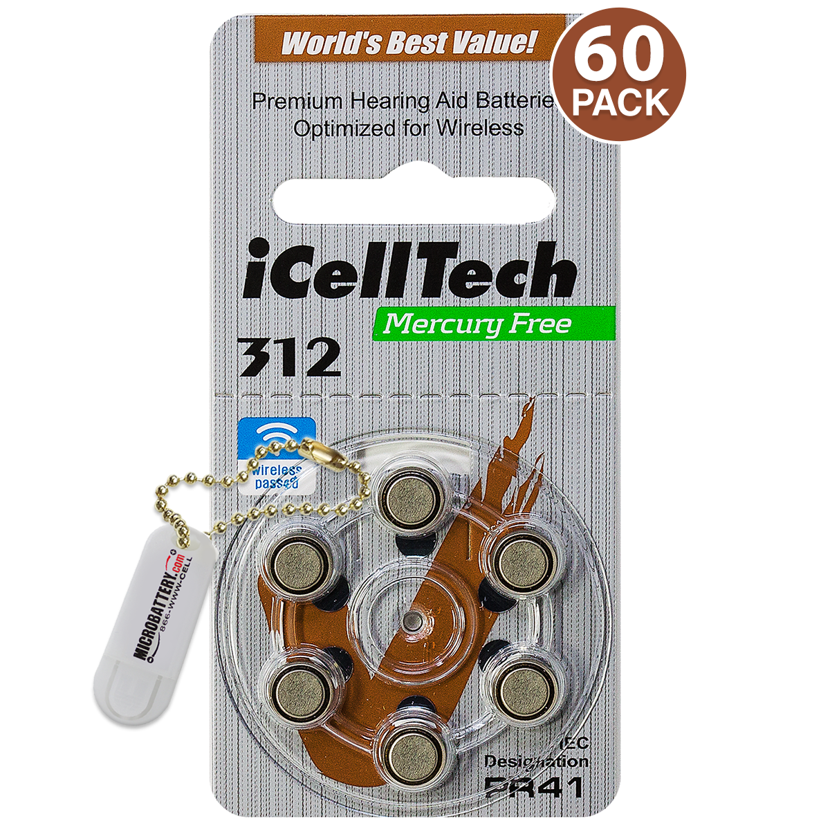 Icelltech Size 312 1.45v Hearing Aid Batteries + Battery Keychain (60 Pack)