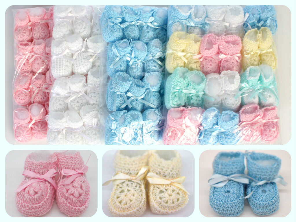 Crochet Booties Ribbon Baby Newborn Pink White Blue Unisex 0-3 Month Pack Of 12